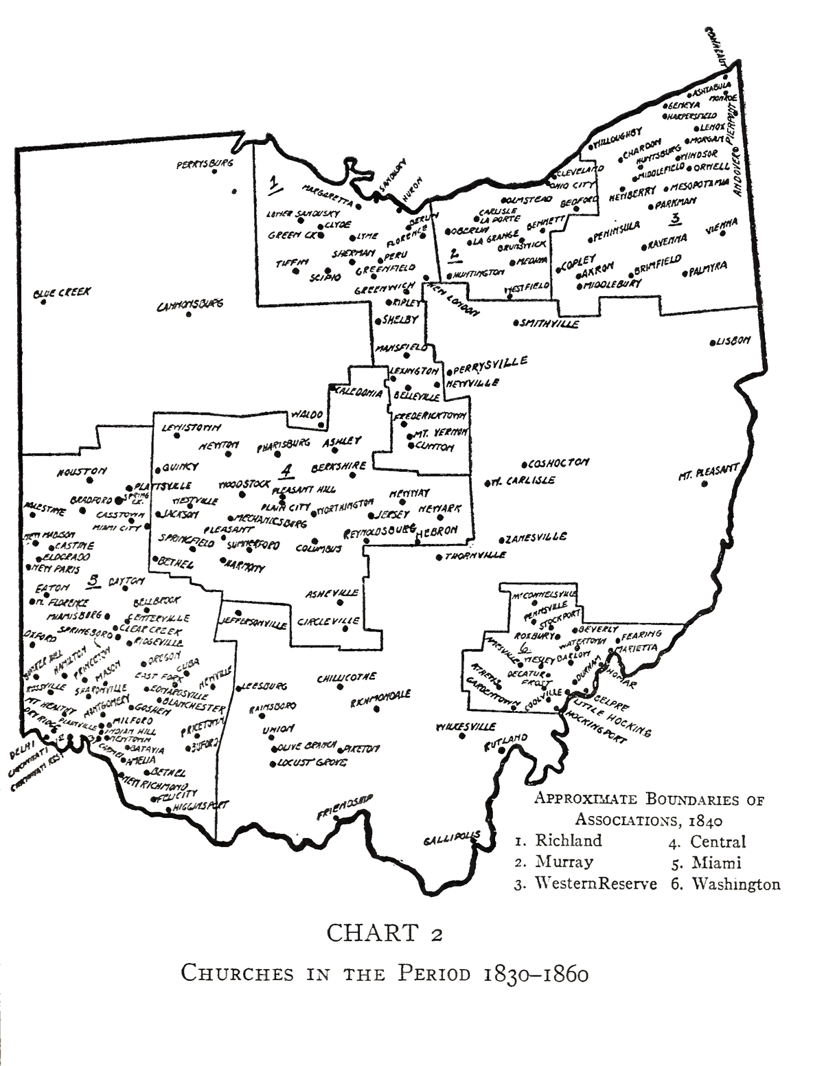 Map of Universalist Churches, Ohio (1830-1860