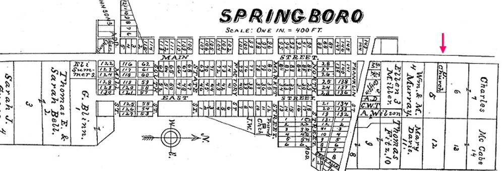 Springboro Map 1889 showing Church