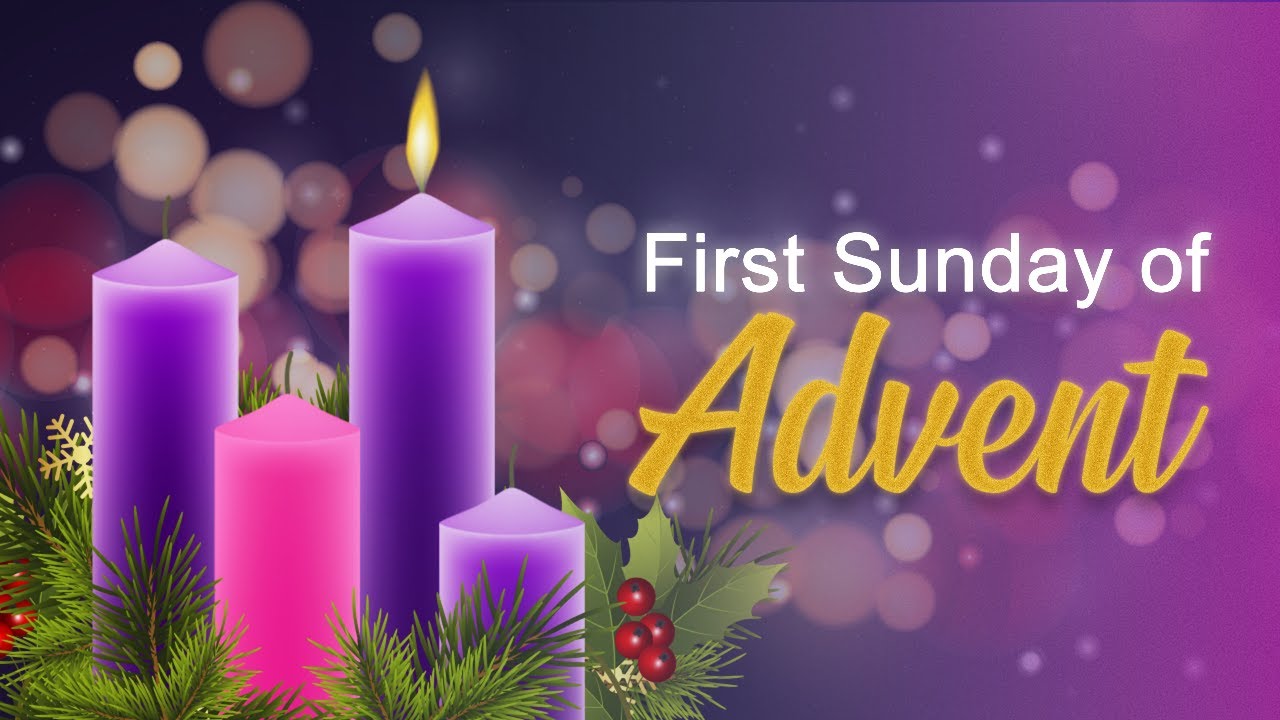Advent wreath with first candle lit.
