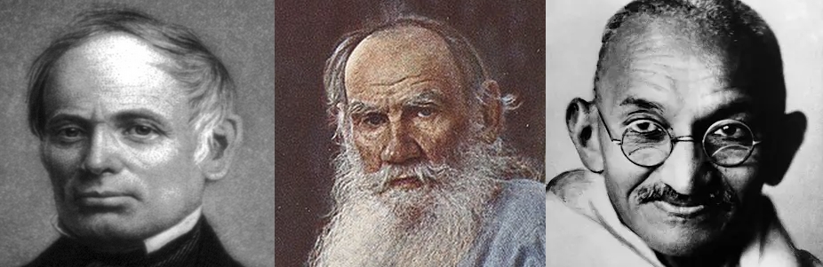 Portraits (left to right): Ballou, Tolstoy, Gandhi