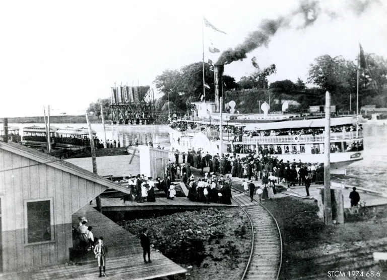 Lakeside Park Pier with Steamboat and Trolley Tracks